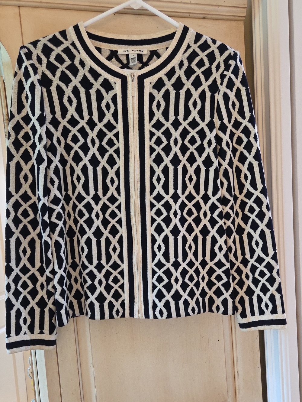St. John Navy & White Geometric Zip-Front Knit Jacket